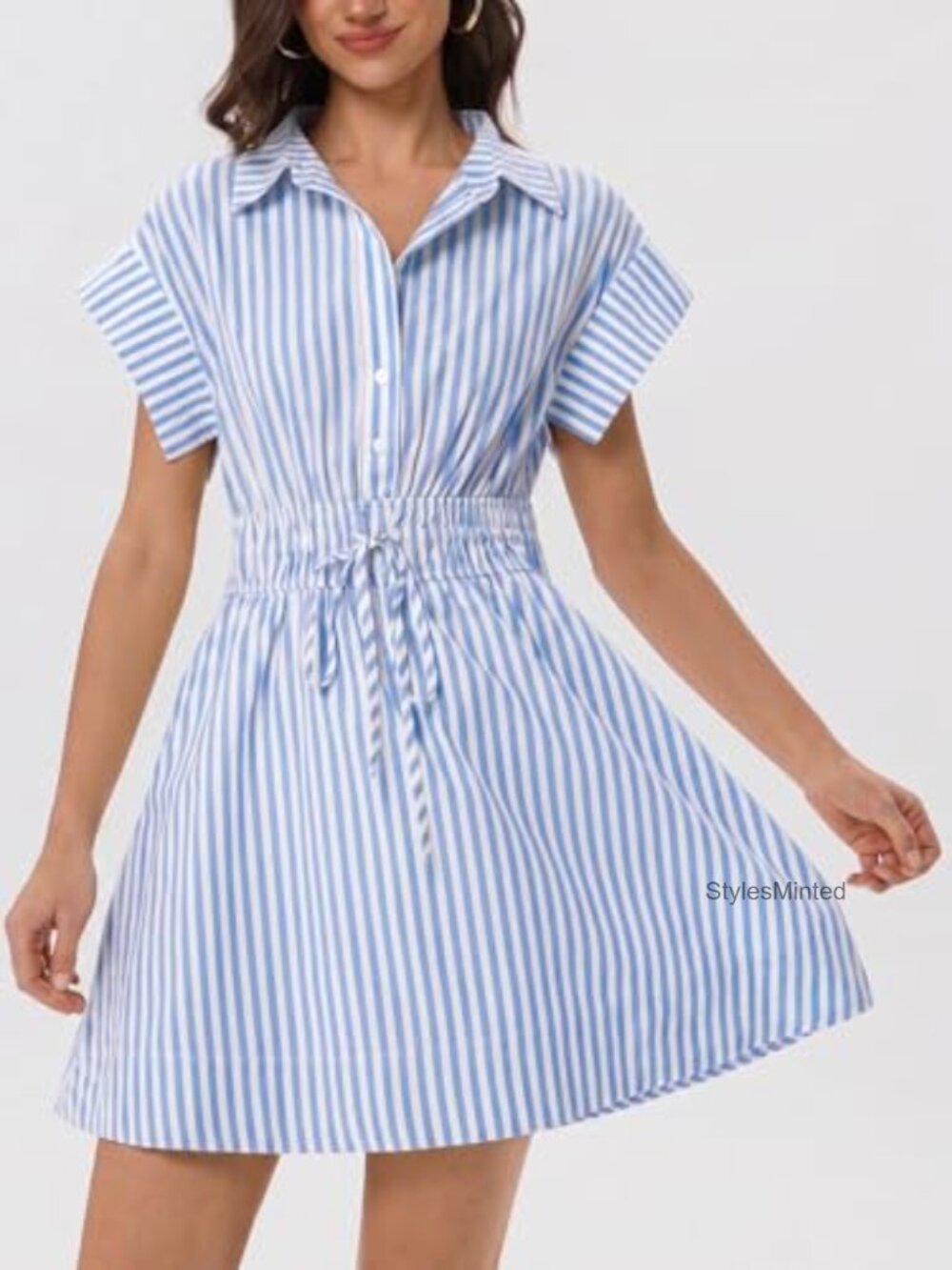 Striped Cotton Mini Shirt Dress Short Sleeve A-line Drawstring Waist - Picture 4 of 6